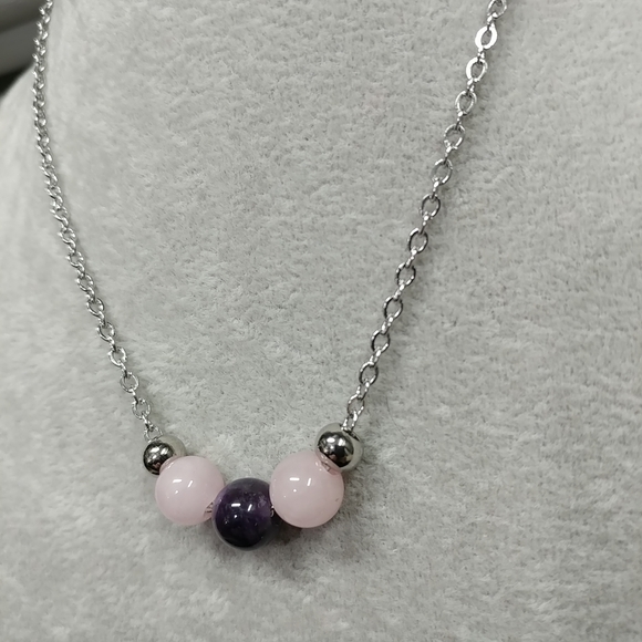 Rose Quartz Amethyst Three Bead Necklace Natural Gemstone Crystal StainlessSteel - Picture 6 of 11